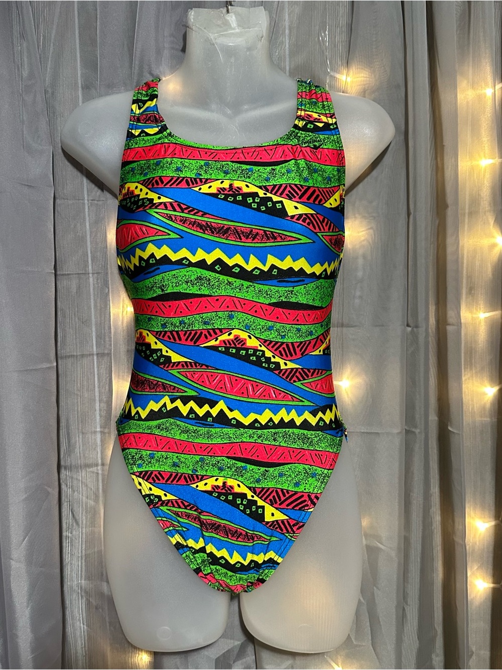Vintage 90s The Finals multicolor abstract print one piece swimsuit Sz 36